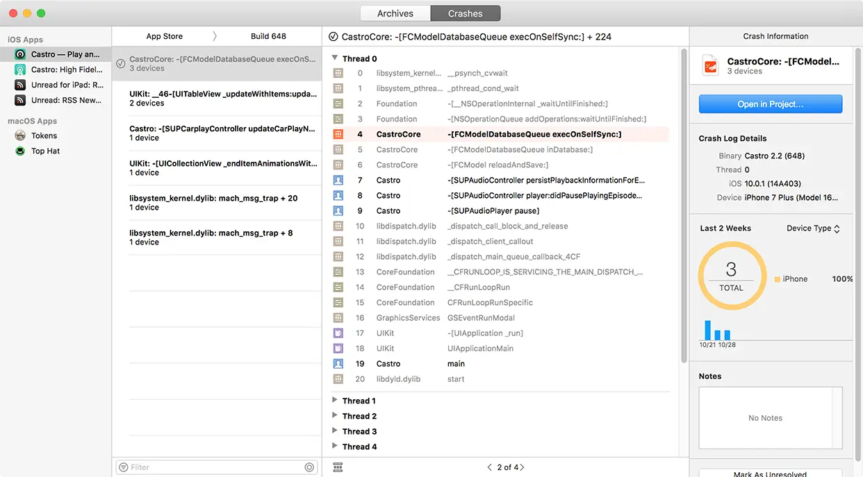 Xcode's Crashes Tab showing crashes received from users.