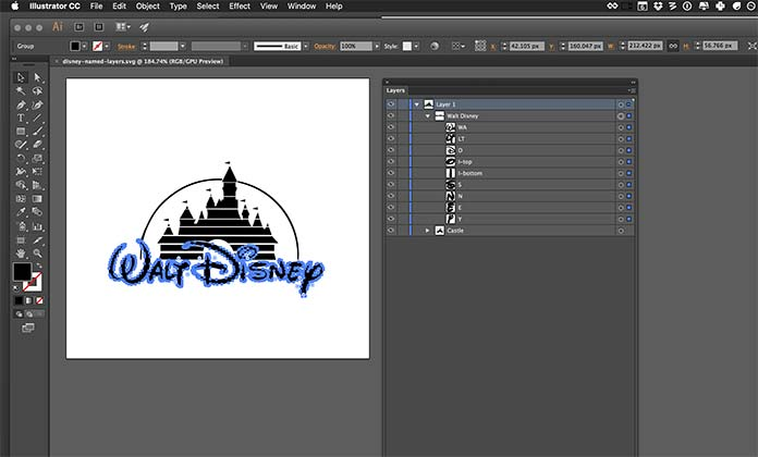 Adobe Illustrator interface showing vector paths and layers for Walt Disney logo
