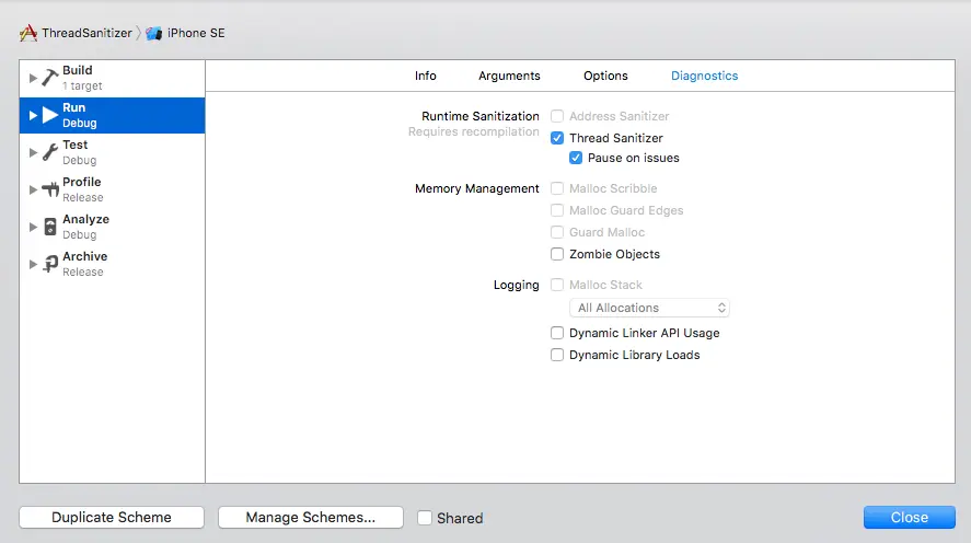 勾选 Thread Sanitizer