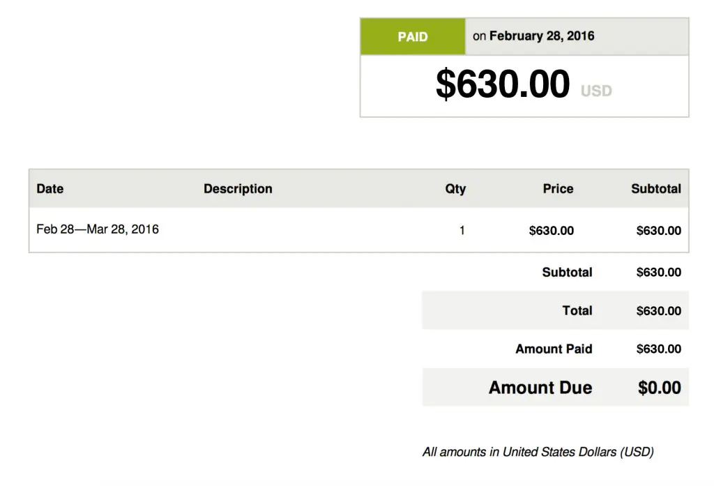 Logentries invoice for $630 USD