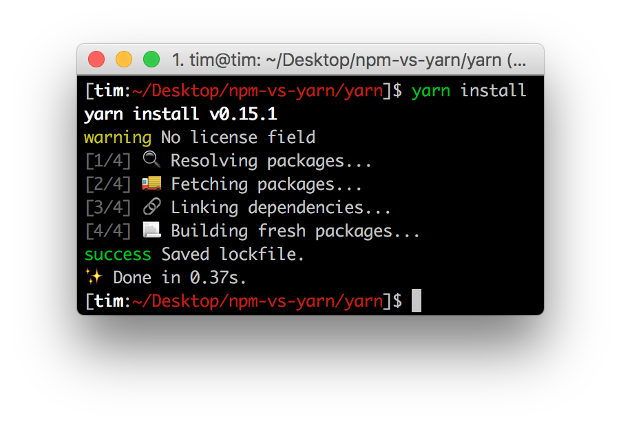 Yarn vs npm: “yarn install” 命令输出截图