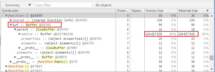 Screenshot showing that memory is retained for the large buffer