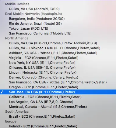 选择地理位置、浏览器和网络