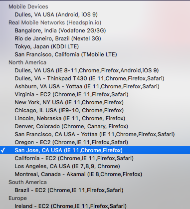选择地理位置、浏览器和网络