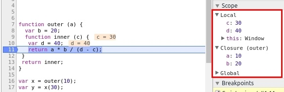First part of combo screenshot of debugging session illustrating closure behavior