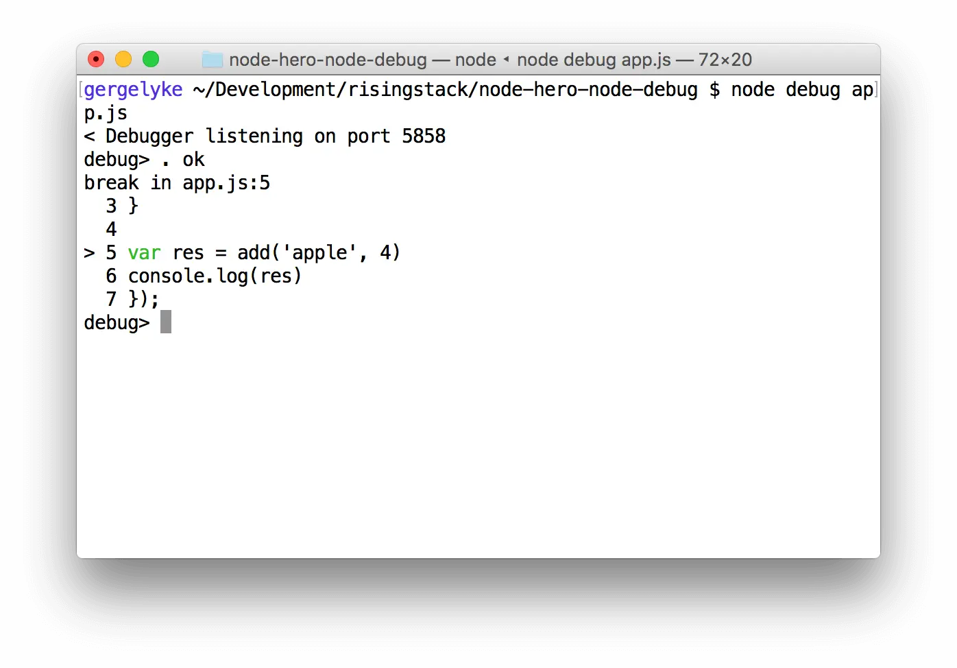 using the built-in node.js debugger