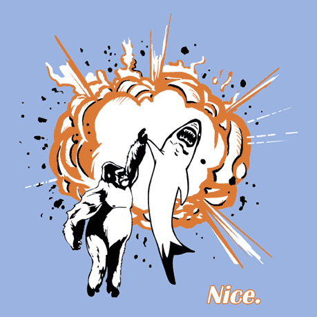 A gorilla high-fives a shark in front of an explosion