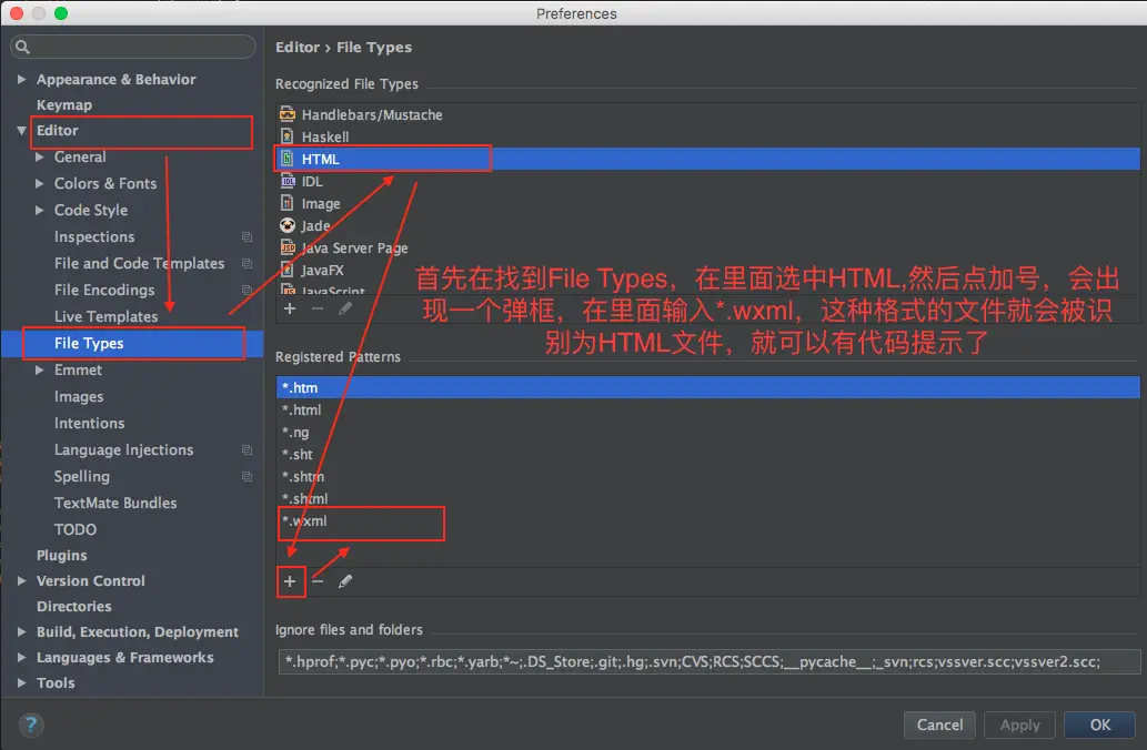 告诉编译器，*.wxml* 格式的其实是 *HTML* 文件
