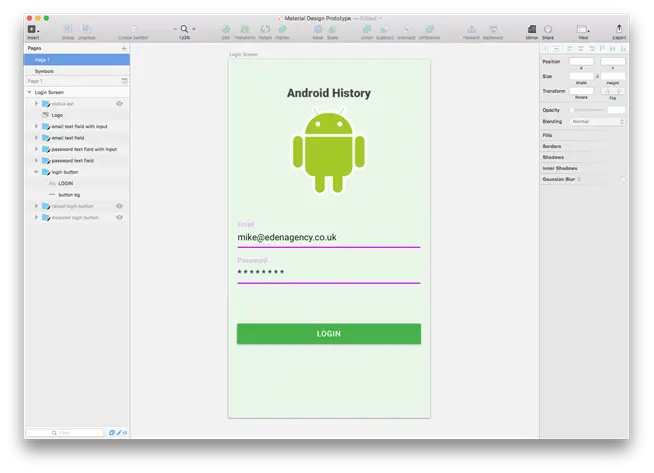 Login screen with email and password filled in and button showing