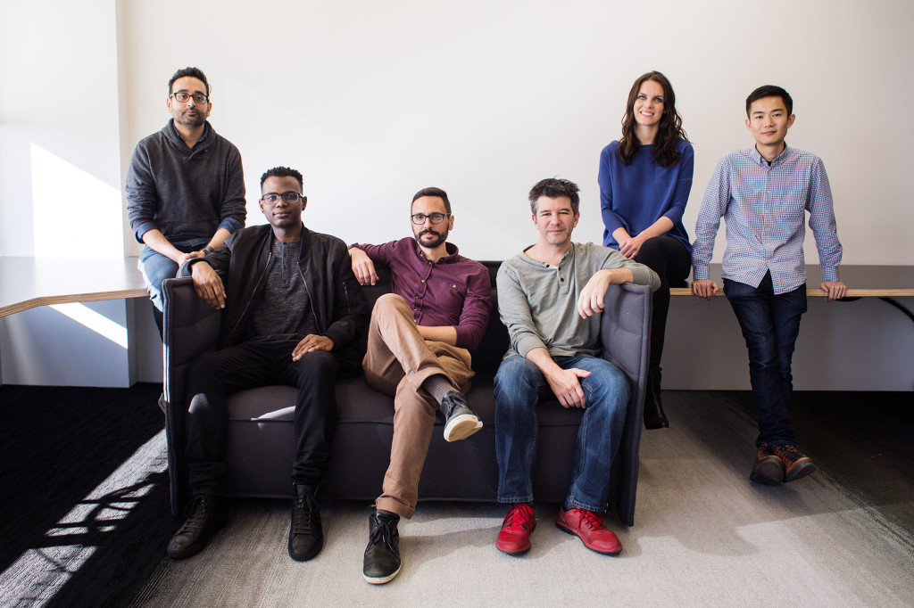 From left: Shalin Amin, Mirtho Prepont, Roger Oddone, Travis Kalanick (CEO), Catherine Ray and Bryant Jow at the Uber HQ office in San Francisco.