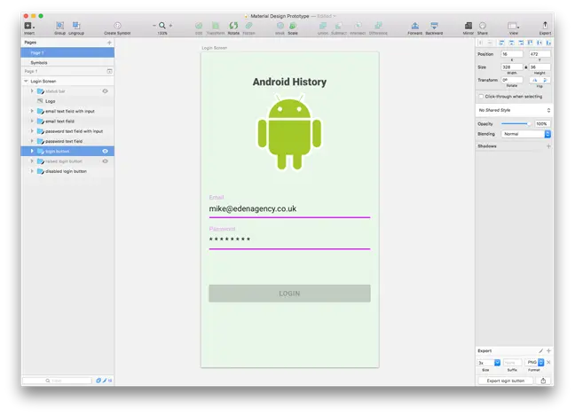 Login screen showing email and password filled in