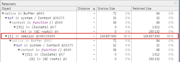 Screenshot from Chrome developer tools showing that the large bugger is being retained