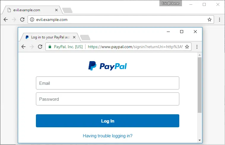 Paypal window is fake content from evil.example.com