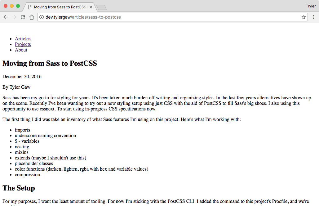 A screenshot of tylergaw.com missing all styles