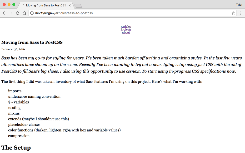 A screenshot of tylergaw.com with partial styles