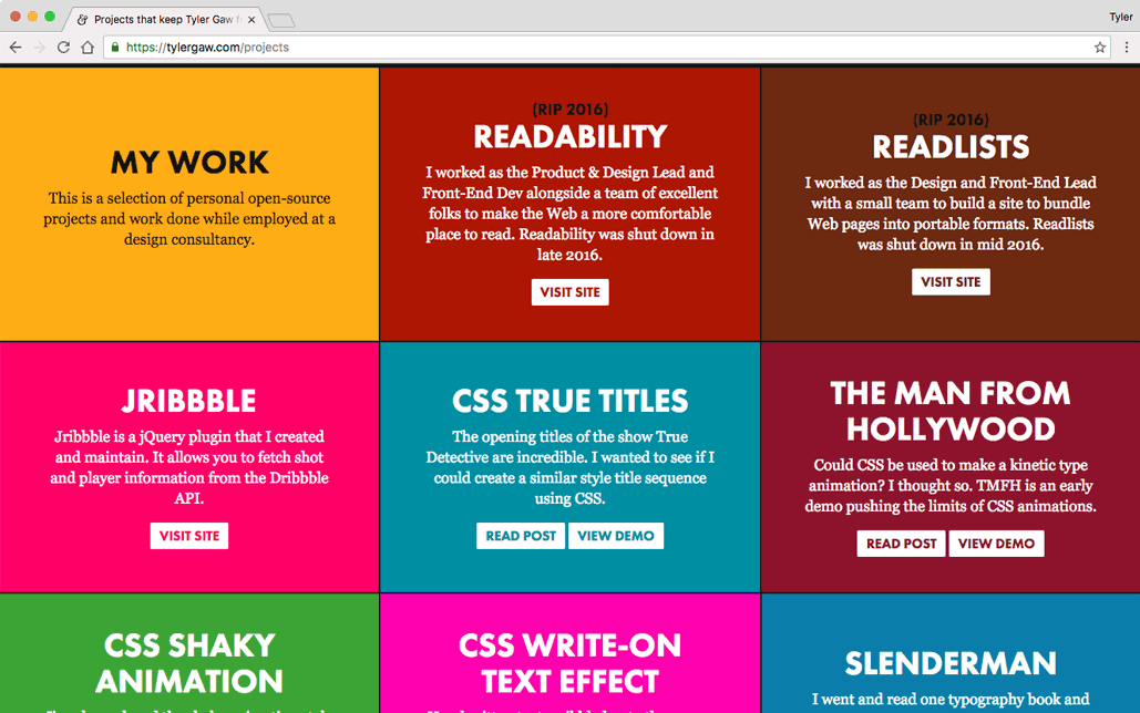 A screenshot of tylergaw.com/projects