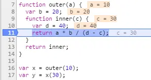 演示闭包行为的调试会话组合屏幕截图的第一部分