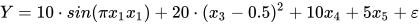 Y = 10\cdot sin(\pi x_{1}x_{1})+20\cdot (x_{3}-0.5)^{2} +10x_{4}+ 5x_{5} + \varepsilon 