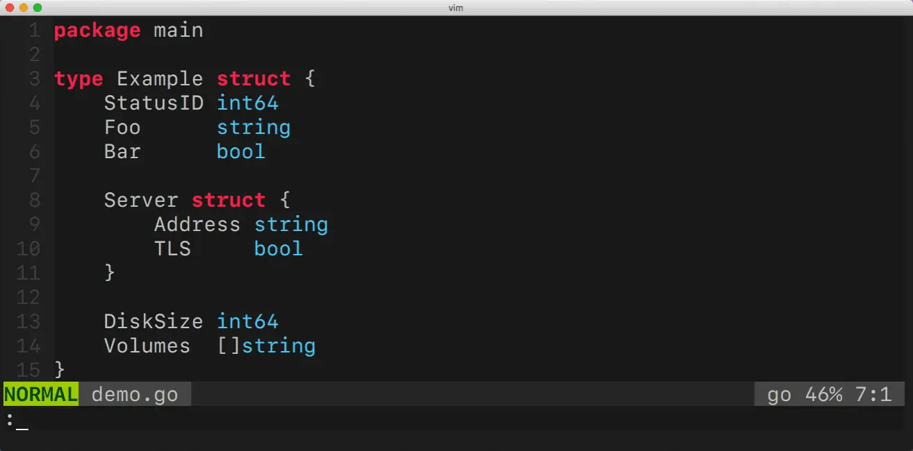 在 vim-go 中使用 gomodifytags 的一个示例