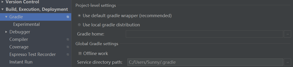 setting->Build,Execution,Deployment->Gradle