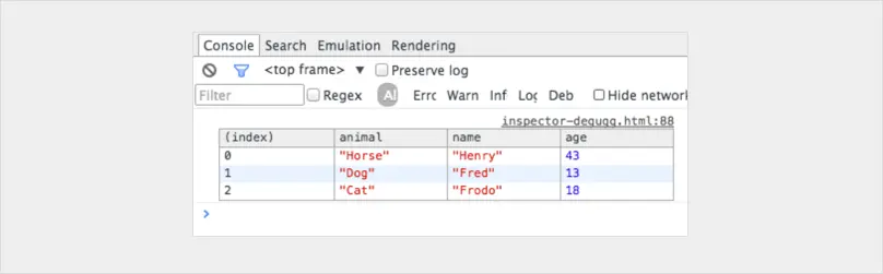 Screenshot showing the resulting table for JavaScript debugging tip 2 