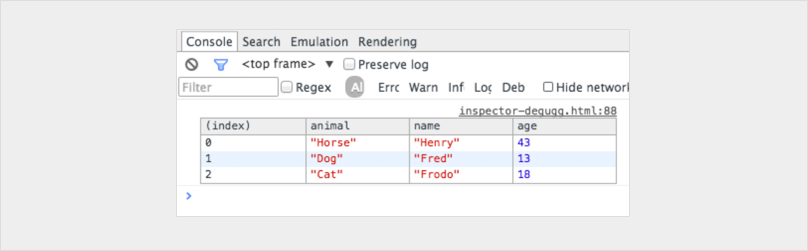 Screenshot showing the resulting table for JavaScript debugging tip 2 