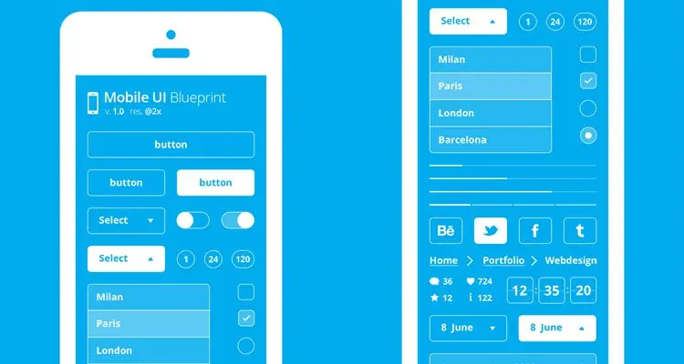 Blueprint psd photoshop multi-purpose general mobile app free wireframe kit template UI design