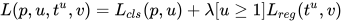 L(p,u,t^{u},v )=L_{cls}(p,u) + \lambda[u\geq 1]L_{reg}(t^{u},v)