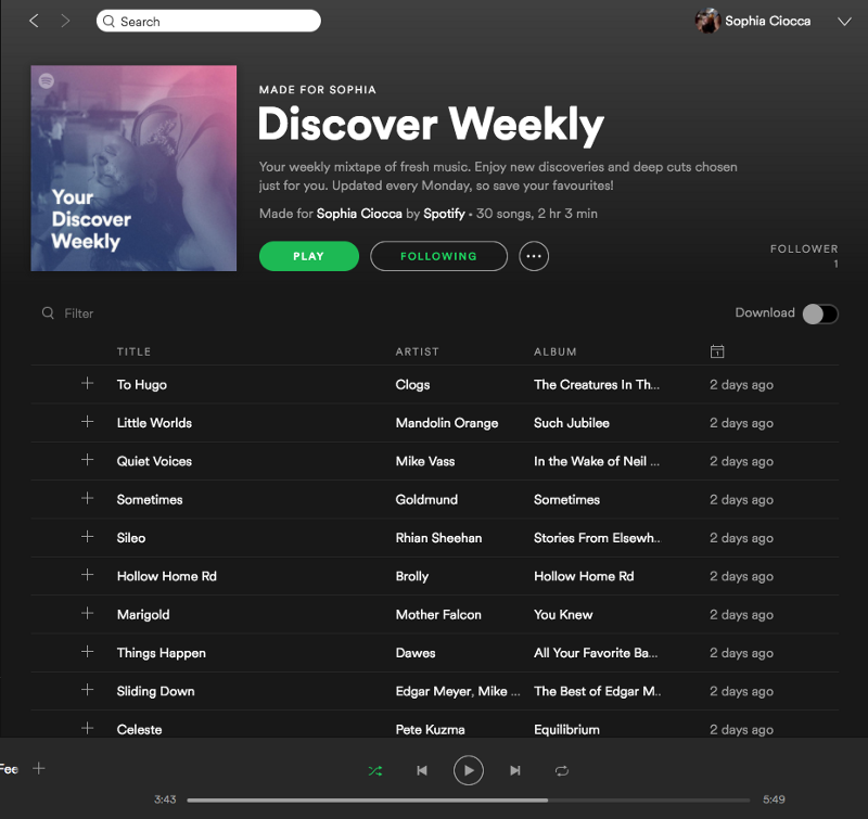 A Spotify Discover Weekly playlist — specifically, mine.