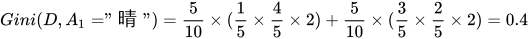 Gini(D,A_{1}="晴")=\frac{5}{10}\times(\frac{1}{5}\times\frac{4}{5}\times2)+\frac{5}{10}\times(\frac{3}{5}\times\frac{2}{5}\times2)=0.4