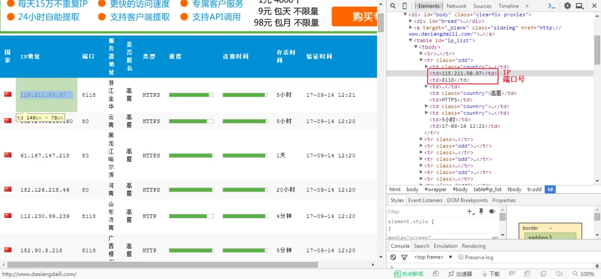 查看网页结构每一个代理IP和端口都在一个<td></td>标签中，我们可以通过正则筛选出我们想要的结果
