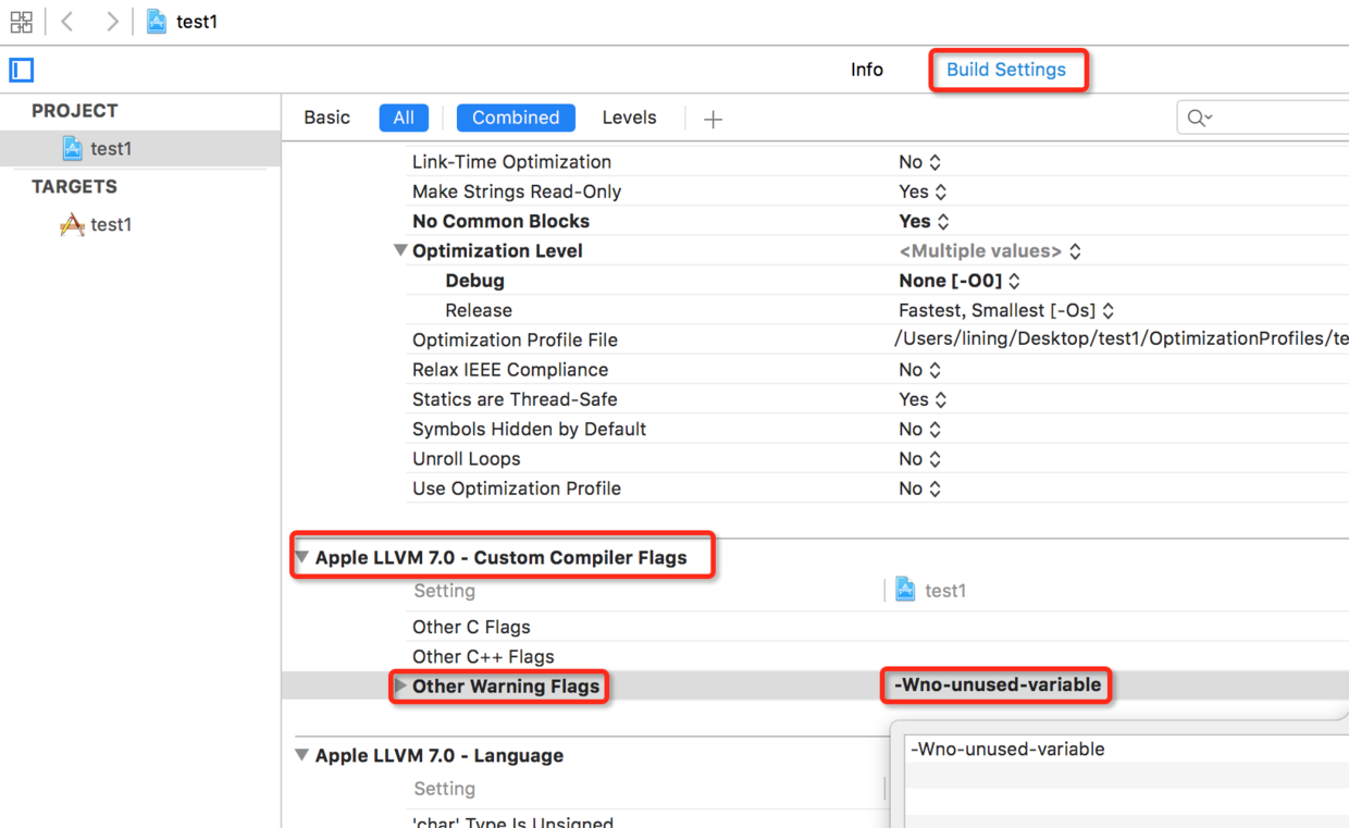 Build Settings 中项目全局忽略警告