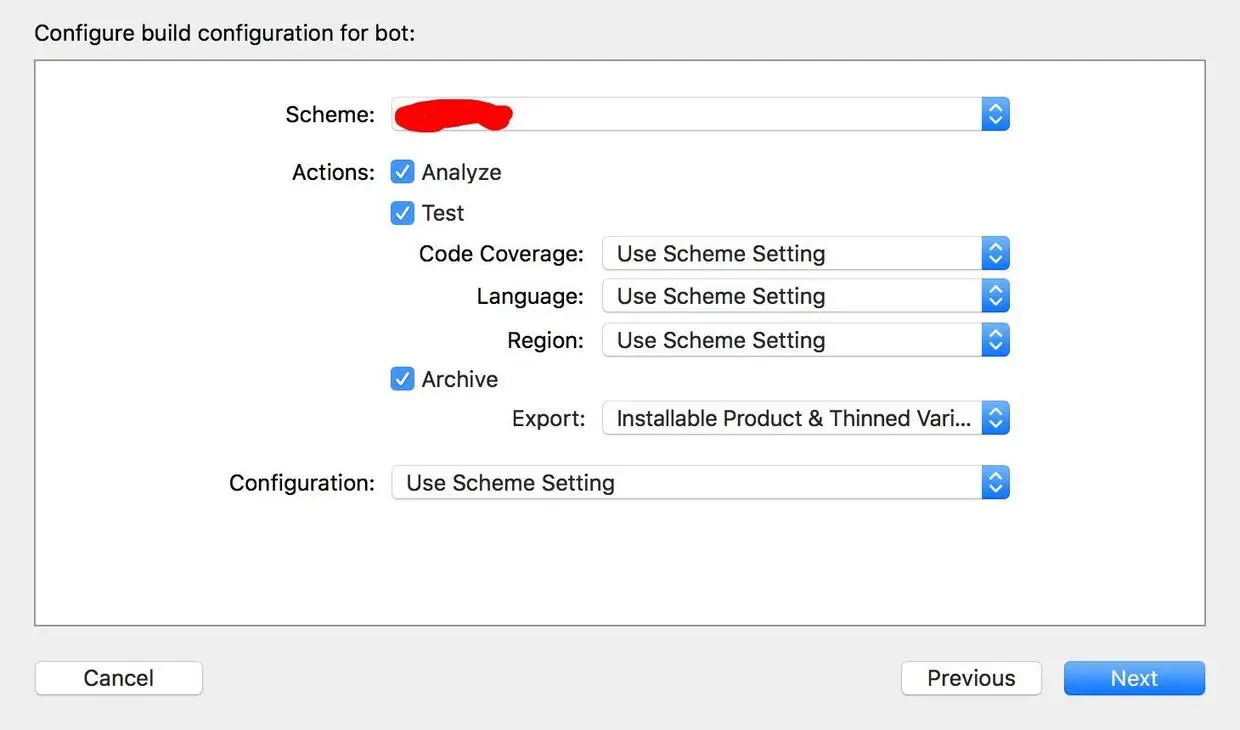 Scheme,
Actions -  Analyse, Test, Archive
Configurations 设置