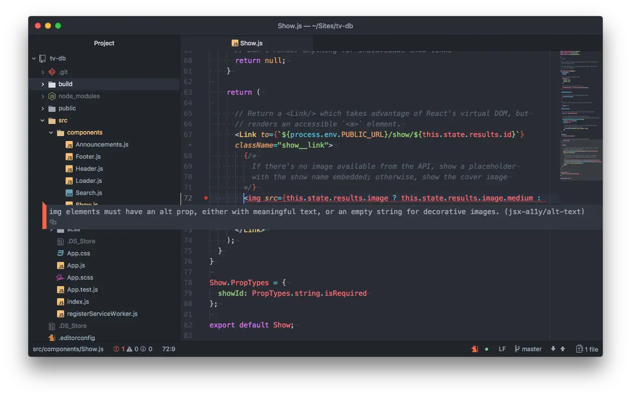 Screen capture of Atom text editor. A warning message appears overtop of some code with the following message, “img elements must have an alt prop, either with meaningful text, or an empty string for decorative images. (jsx-a11y/alt-text)”
