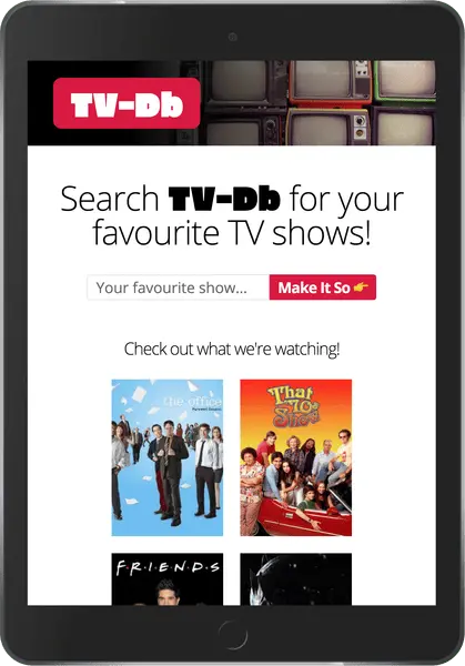 Screen capture of the TV-Db demo app on an iPad. Text in the middle of the screen reads, 