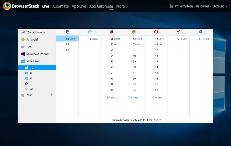 BrowserStack 可以访问到许多不同的浏览器和操作系统