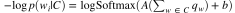 ? -\log p(w_i | C) = \log \text{Softmax}(A(\sum_{w \in C} q_w) + b) ?