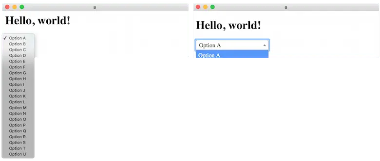 Screenshots comparing what happens to a native dropdown versus a non-native one
