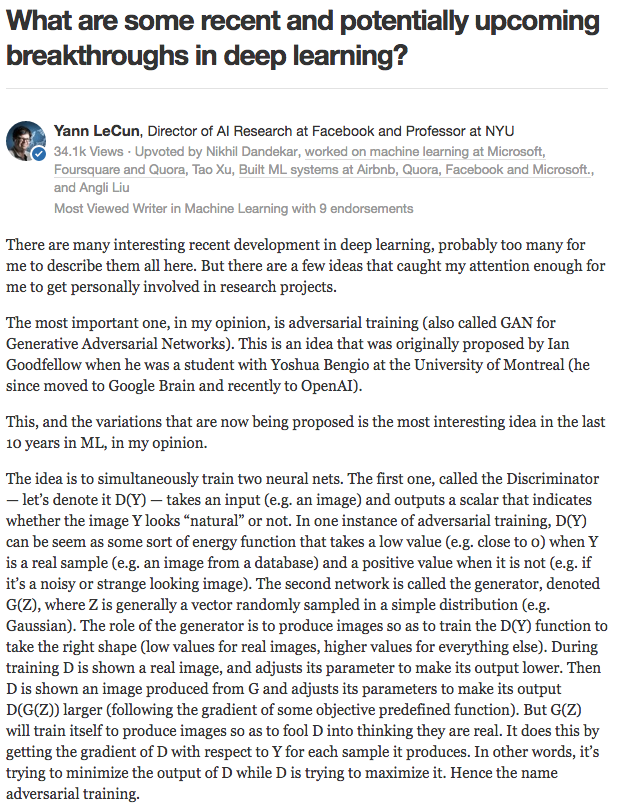 Yann LeCun 对 生成对抗网络的介绍