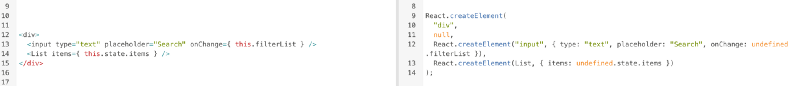 左边是 JSX,右边是转译成 React 版的 JS