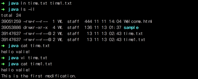 创建一个指向 time.txt文件的硬链接 time1.txt