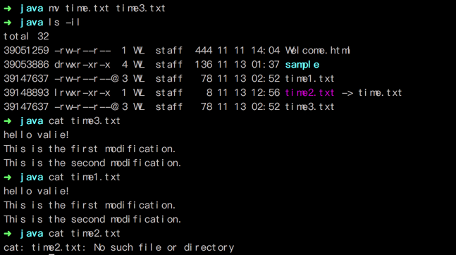 time.txt重命名后，它的软链接 time2.txt失效，硬链接保持有效