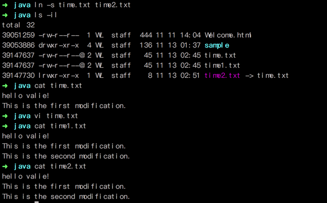 创建一个指向time.txt文件的软连接time2.txt