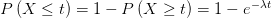 P\left( X\leq t \right) =1-P\left( X\geq t \right) =1-e^{-\lambda t} 