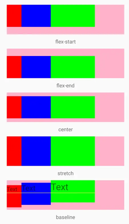alignItems属性值对比图（其中`flexDirection: 'row'`）