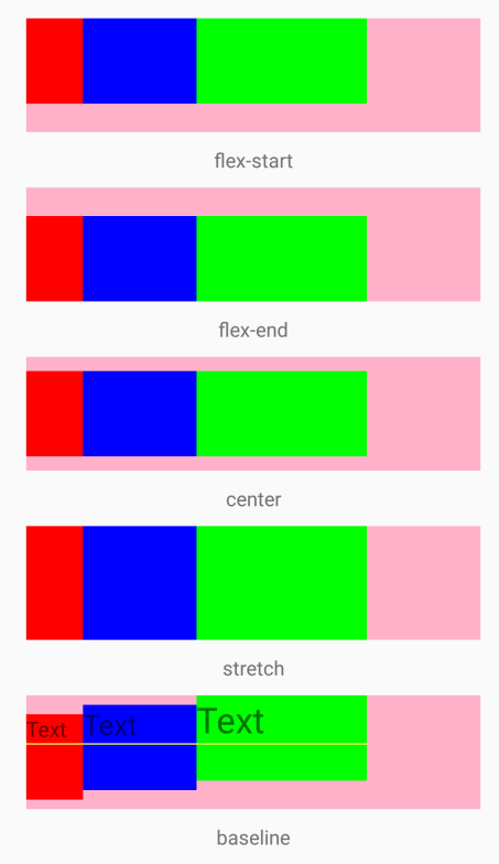 alignItems属性值对比图（其中`flexDirection: 'row'`）