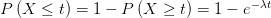 P\left( X\leq t \right) =1-P\left( X\geq t \right) =1-e^{-\lambda t} 
