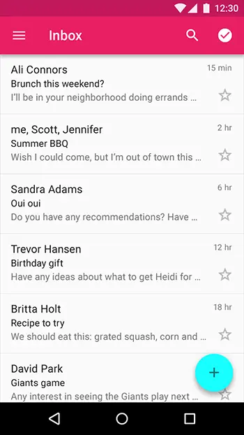 亮色能够突显出浮动按钮和工具栏，进而向用户强调写邮件和导航功能。