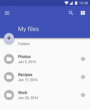 你可以在主色应用区域中的不同元素身上使用主色的不同色调（如图中的浮动按钮）