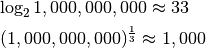 \log_2{1,000,000,000} \approx 33

(1,000,000,000)^\frac{1}{3} \approx 1,000